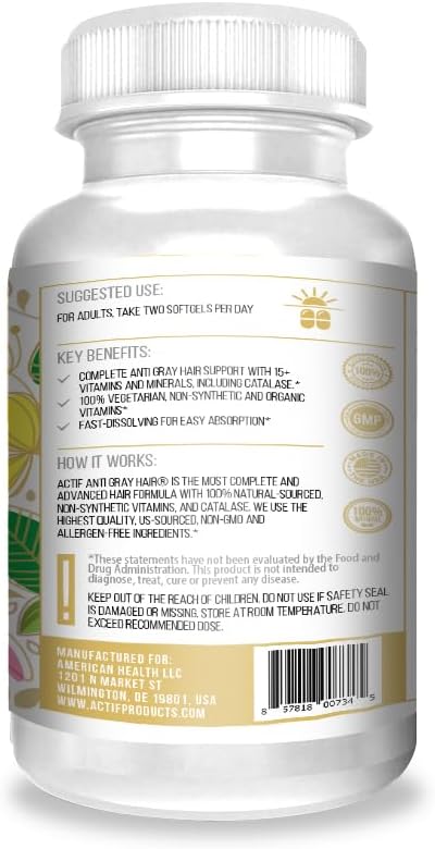 Actif Anti-Gray Hair Mega Support For Women With 15+ Advanced Hair Factors, Catalase, Biotin, Paba, Non-Gmo, Made In Usa, 90 Count