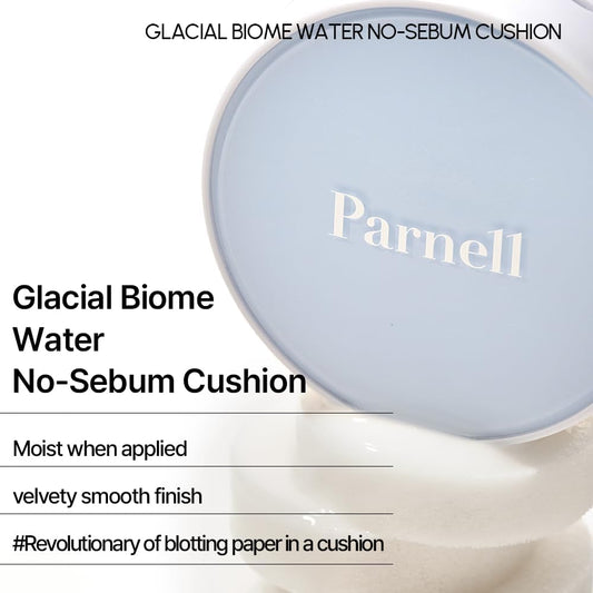 Parnell Glacial Biome Water No-Sebum Cushion - Hyaluronic Acid, Mineral Water, Collagen, Oil Absorbing, Cooling And Hydrating Blotting Water Powder Cushion For Oily And Dry Skin (0.35 Fl Oz / 10G)