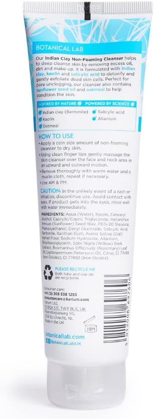 Botanical Lab Indian Bentonite Clay Non-Foaming Cleanser 150Ml, Salicylic Acid, Deep Cleanse Skin By Removing Excess Oil, Dirt & Makeup, Sunflower Seed Oil & Oatmeal