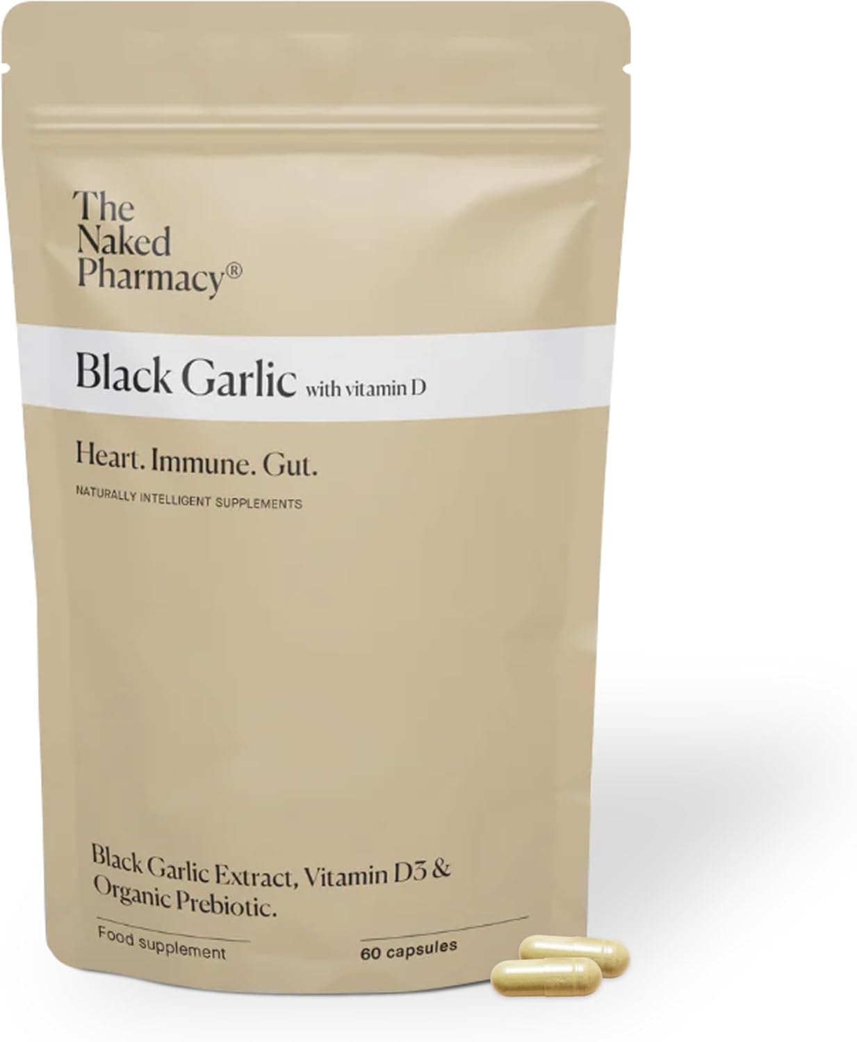 The Naked Pharmacy | Black Garlic Supplements | For Gut, Cardiovascular & Immune System | With Vitamin D | Odourless | 60 Capsules