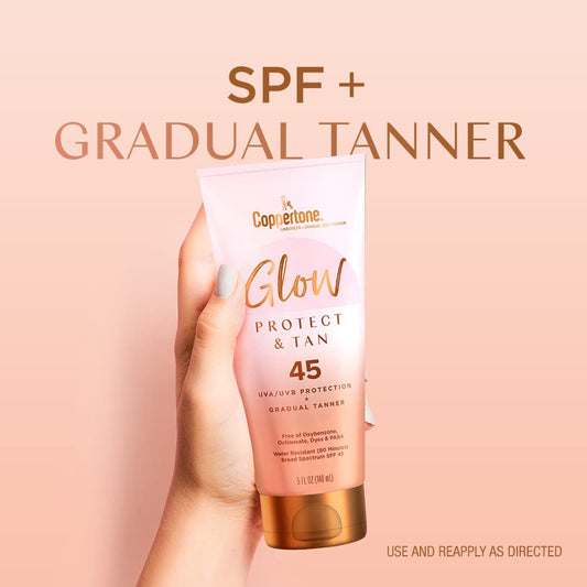 Coppertone Glow Protect and Tan Sunscreen Lotion with Gradual Self Tanner SPF 45, Water Resistant Sunscreen, SPF 45 Broad Spectrum Sunscreen Pack, 5 Fl Oz Tube, Pack of 2