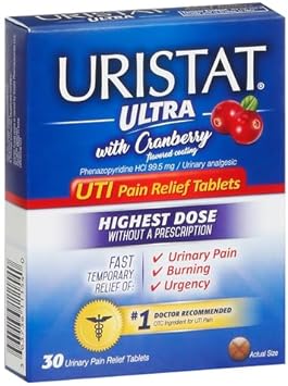 Uristat Ultra UTI Pain Relief Tablets, Fast Urinary Tract Infection Relief of Urinary Pain, Burning, Urgency, Maximum Strength, Cranberry Flavored Coating, 30 Tablets