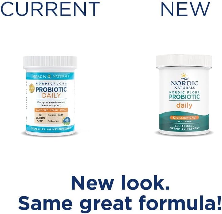 Nordic Naturals Nordic Flora Probiotic Daily - 60 Capsules - 4 Probiotic Strains with 12 Billion Cultures - Optimal Wellness, Immune Support, Digestive Health - Non-GMO, Vegan - 30 Servings : Health & Household