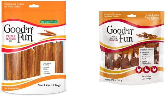 Good'n'Fun Triple Flavored Rawhide Ribs for Dogs, 8.4 Oz & Triple Flavored Rawhide Kabobs for Dogs : Pet Supplies