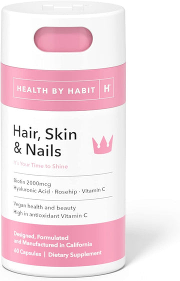 Health By Habit Hair, Skin and Nails Supplement (60 Capsules) - Biotin 2000mcg, Vitamin A, Vitamin B, Vitamin C, Hyaluronic Acid, Rosehip, and Alo Vera, Vegan, Non-GMO, Sugar Free (1 Pack)