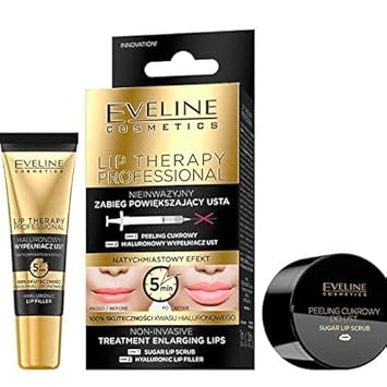 Eveline Cosmetics Lip Therapy Professional Non-Invasive Lip Enralging Treatment 2In1, Sugar Lip Scrub 7Ml Abd Hyaluronic Lip Filler 12Ml