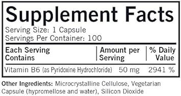 Kirkman Vitamin B-6 50 Mg - Hypoallergenic || 100 Vegetarian Capsules || Gluten/Casein Free || Tested For More Than 950 Environmental Contaminants