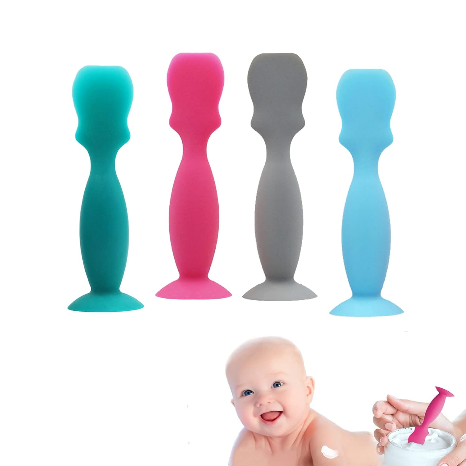 4 Pcs Baby Diaper Cream Spatula Silicone Nappy Rash Cream Applicator Baby Butt Spatula with Suction Cup for Newborn Baby Facial Cosmetic