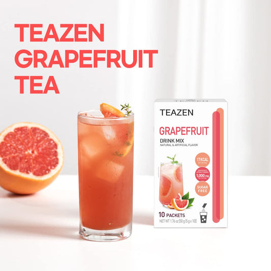 Teazen Grapefruit Tea, Sugar Free, Hibiscus And Green Tea, Powdered Mix Beverage From Korea, 10 Sticks, 1.76Oz