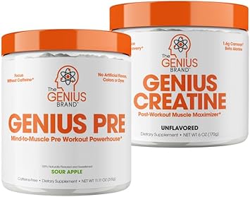 Genius Pre Workout Powder, Sour Apple, And Genius Micronized Creatine Monohydrate Powder, Unflavored, All Natural Nootropic Pre Workout And Post Workout Supplement Stack