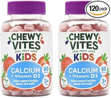 Chewy Vites Kids Calcium And Vitamin D3, 60 Kids Calcium Gummies, Help Support Healthy Bones And Teeth, 2 Months Supply, Real Fruit Juice, Vegan, Age 3 +, Strawberry Flavour (Pack Of 2)