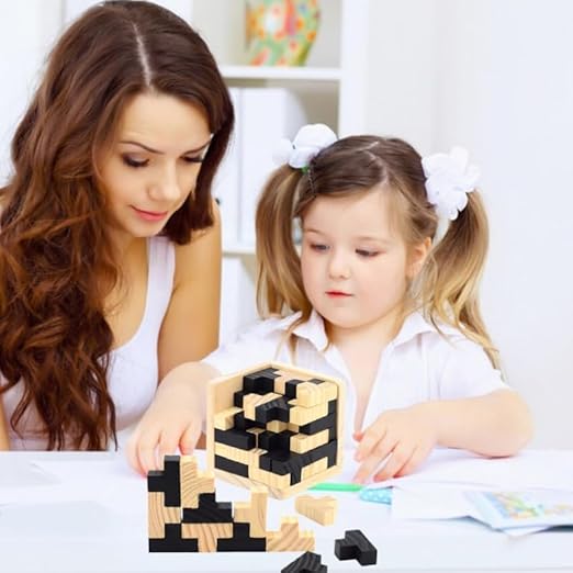 Wooden Brain Teaser Puzzle Cube – 3D T&L Shaped Tetris Blocks | Geometric Intellectual Jigsaw Educational Toy for Kids & Adults | Mind-Challenging Wooden Puzzle Game