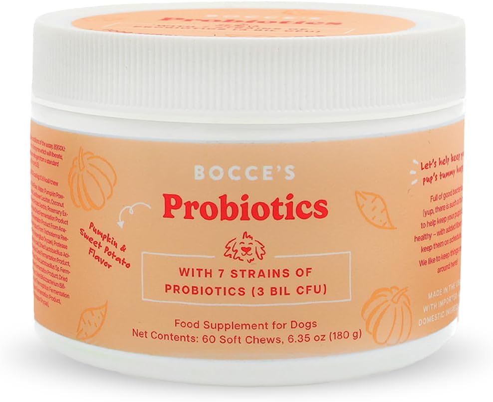 Bocce'S Bakery Probiotic Supplement For Dogs, Daily Chews, Made In The Usa With With 7 Strains Of Probiotics, Supports Digestion, Pumpkin & Sweet Potato, 60 Ct, Orange (Dg-Sp-Pro60)