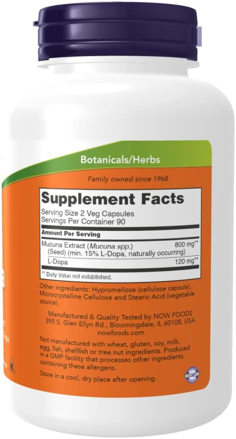 NOW Supplements, DOPA Mucuna, Standardized Mucuna Extract with Naturally Occurring 15% L-Dopa, 180 Veg Capsules