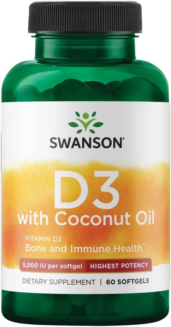 Swanson High Potency Vitamin D-3 W/Coconut - Natural Supplement Promoting Bone Health & Immune System Support - May Help Increase Calcium Absorption - (60 Softgels, 125Mcg Each)