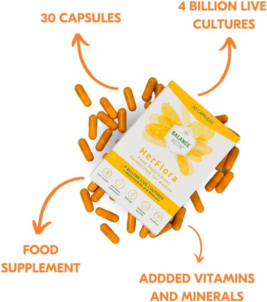 Balance Activ Herflora Daily Supplement, 4 Billion Live Cultures, Multi-Vitamins And Multi-Minerals, Formulated For Women, 30 Capsules (Pack Of 1)
