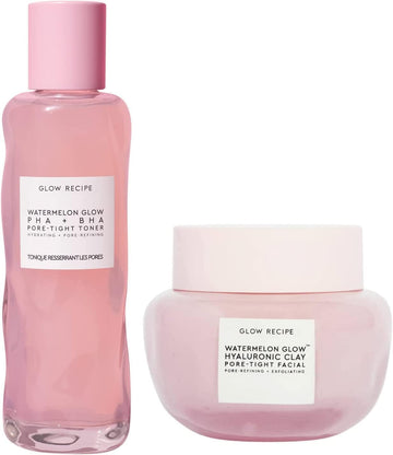 Glow Recipe Pore-Care Duo Bundle - Watermelon Glow Pha + Bha Pore-Tight Face Toner (150 Ml) & Watermelon Glow Hyaluronic Clay Pore-Tight Facial (60Ml) - Help Minimize The Look Of Pores + Hydrate