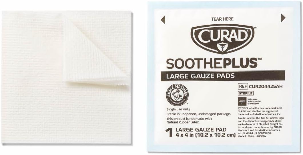 Curad SoothePLUS Gauze Pads with ARM & HAMMER Baking Soda, 4" x 4", 25 count : Industrial & Scientific