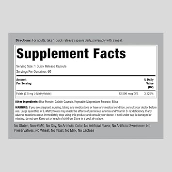 Piping Rock L-Methylfolate 7.5 mg | 60 Capsules | Extra Strength Supplement | Active Folic Acid | Non-GMO, Gluten Free
