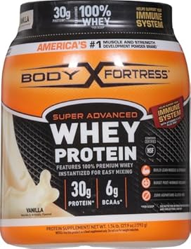 Body Fortress Super Advanced Whey Protein Powder, Vanilla, 60G Protein & 12G Bcaas Per 2 Scoops, Muscle Gain & Recovery, Immune Support With Vitamins C & D, 1.74Lbs (Packaging May Vary)