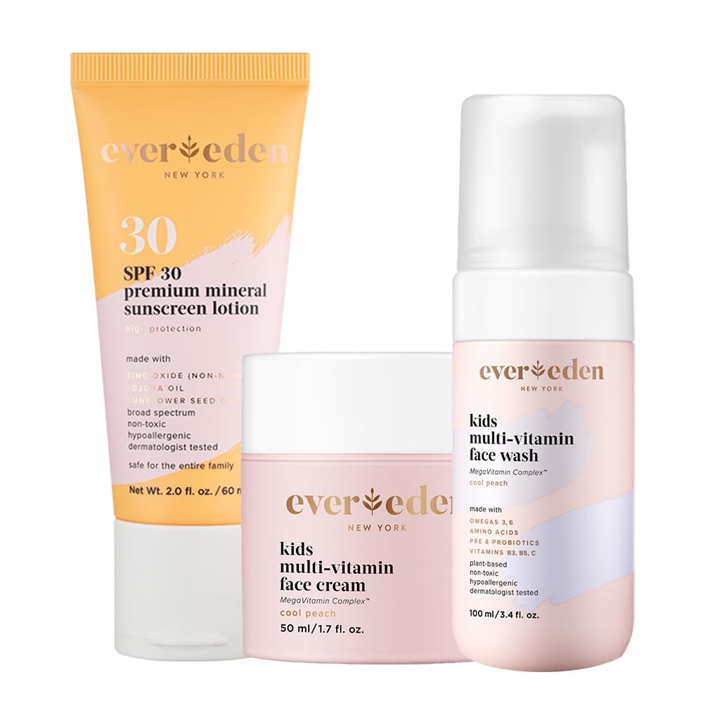 Evereden Daily 1-2-3 Routine Bundle: Clean & Vegan Skin Care Set for Kids - Hydrating & Nourishing Tween Skincare Set with Multi-Vitamin Face Wash, Face Cream, Lotion, & SPF 30 Mineral Sunscreen