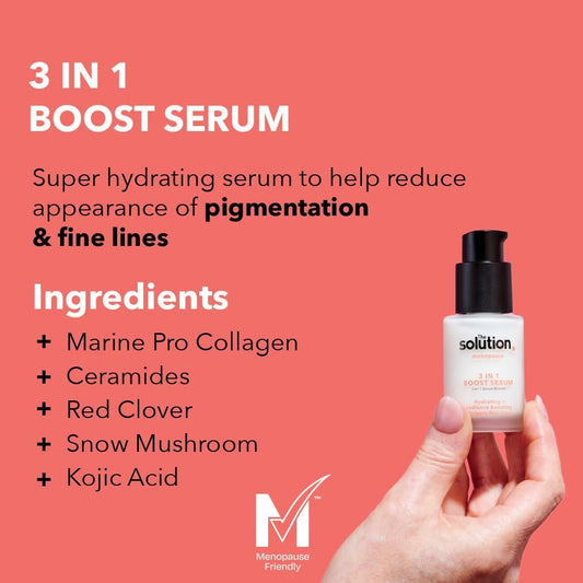 The Solution Menopause 3 In 1 Boost Serum (30Ml). Dermatologically Tested Anti Aging Skin Care, Super Hydrating Collagen Serum For Face, Vegan & Cruelty Free Anti Aging Serum For Face