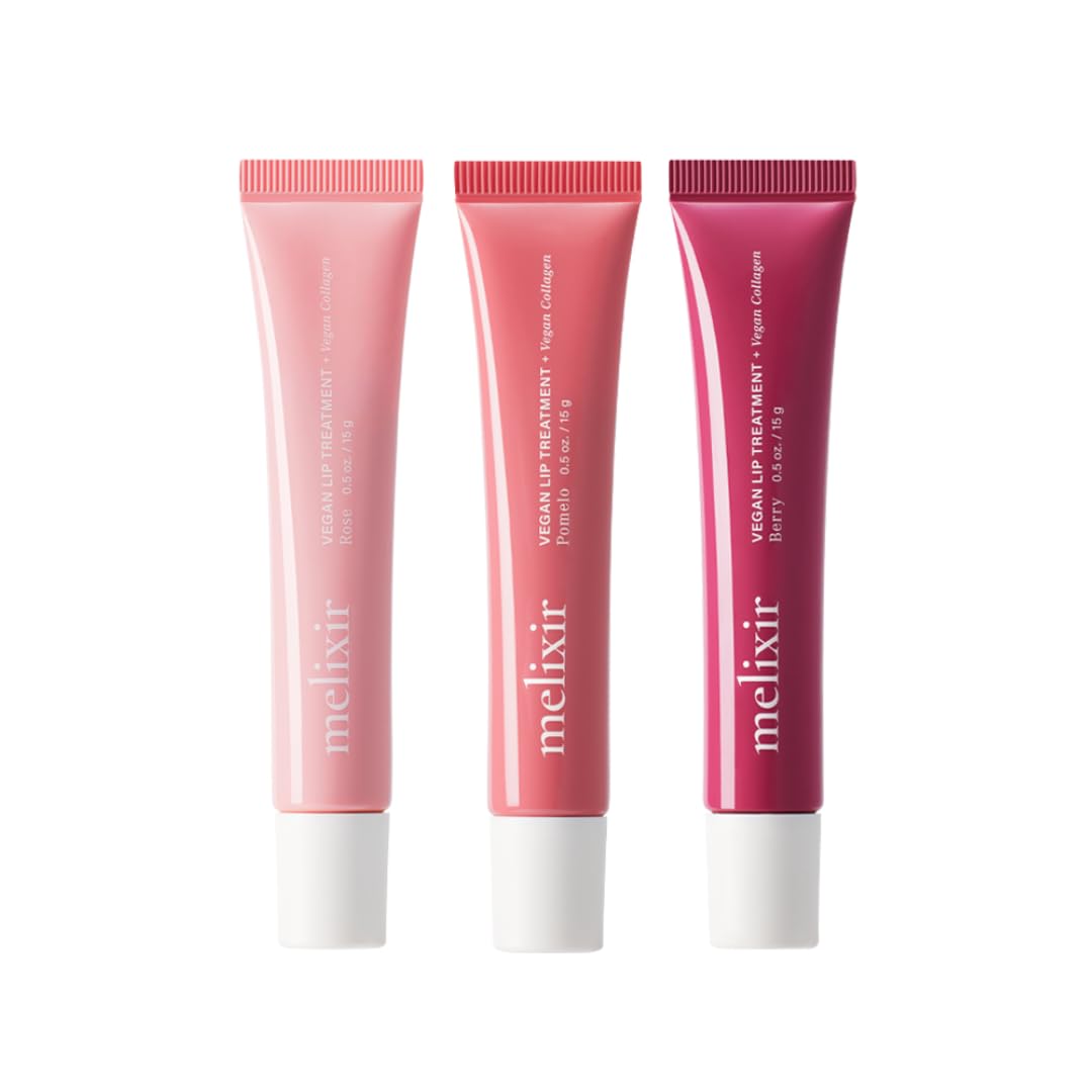 Melixir Vegan Collagen Lip Treatment Trio - Sheer Tinted Lip Balm Gift Set With Korean Rice & Jojoba Oil Extracts - Instant Hydration & Shine, Moisturizing Lip Gloss, Cruelty-Free (3Ea, 0.5Oz)