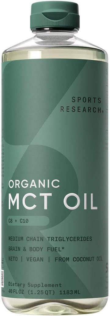 Sports Research Organic Mct Oil - Keto & Vegan Mcts C8, C10 From Coconuts - Fatty Acid Brain & Body Fuel, Non-Gmo & Gluten Free - Flavorless Oil, Perfect In Coffee, Tea & Protein Shakes - 40 Oz