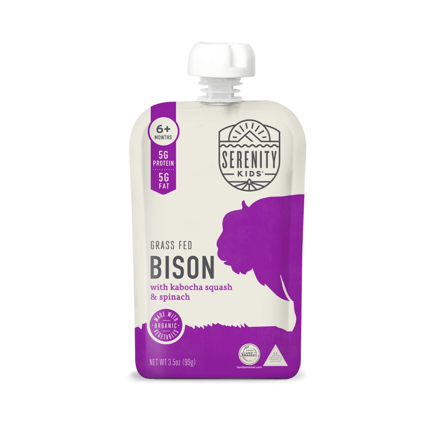 Serenity Kids 6+ Months Baby Food Pouches Puree Made With Ethically Sourced Meats & Organic Veggies | 3.5 Ounce Bpa-Free Pouch | Grass Fed Bison, Kabocha Squash, Spinach | 1 Count