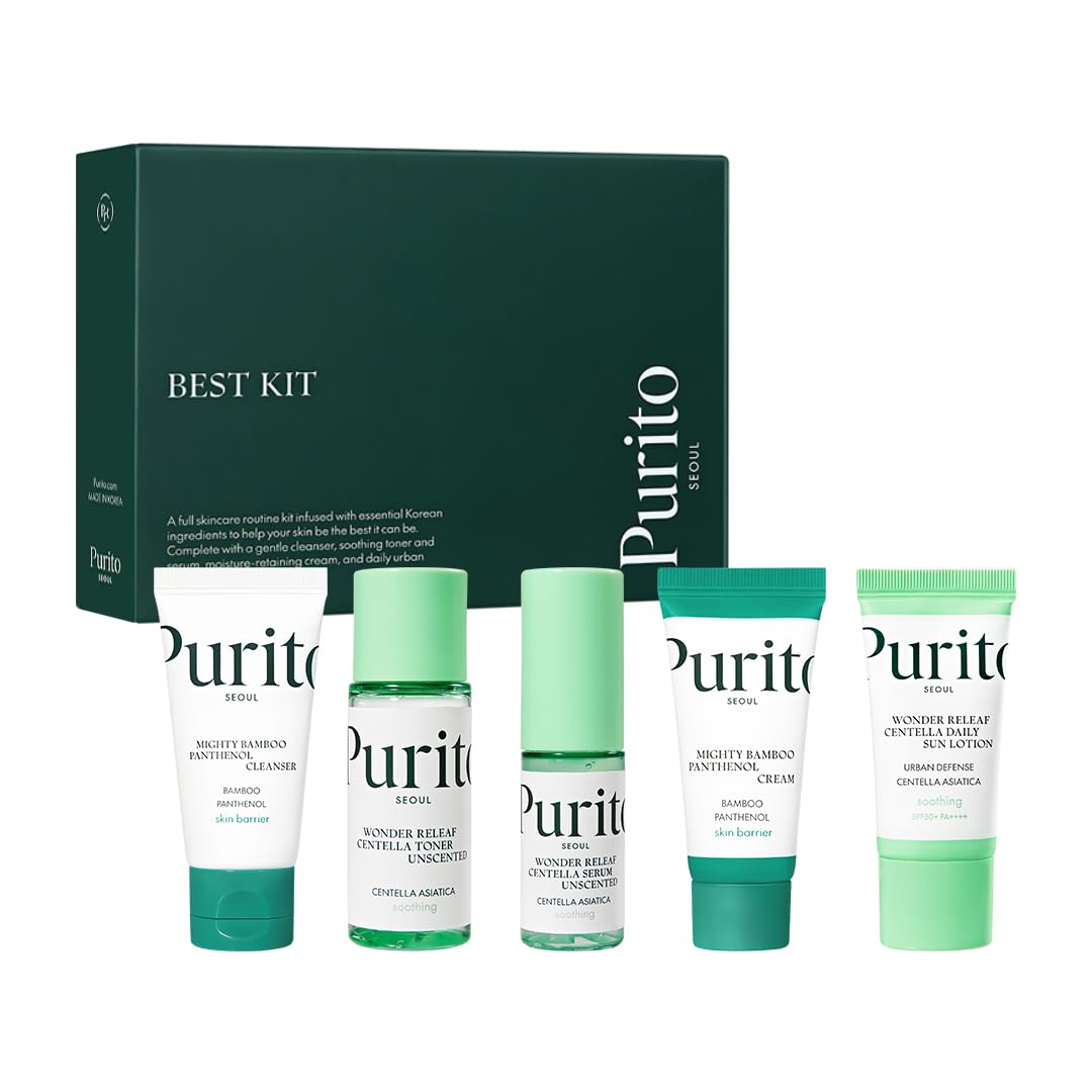Purito Seoul Best Kit - Skincare Routine With Panthenol Cleanser & Cream, Unscented Centella Serum & Toner, For All Skin Types, Gift Set, For Face, Facial Serum, K-Beauty, 3.52 Fl. Oz