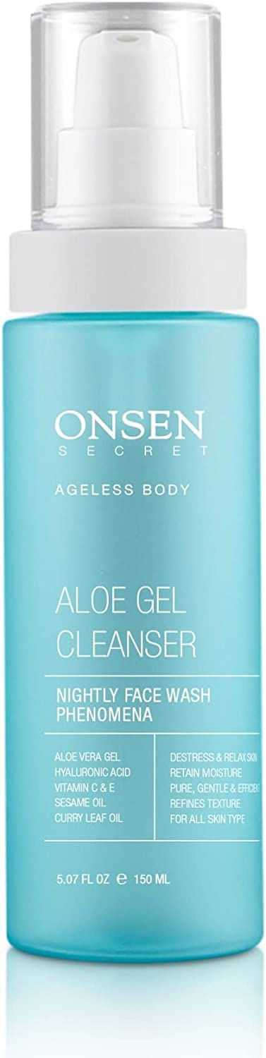 Onsen Secret Japanese Aloe Vera Face Wash - Premium Nightly Facial Cleanser For Makeup Removal, Heals Dry & Sensitive Skin, Hyaluronic Acid, Curry Leaf Oil, Vitamin C & E, Gel Cleanser