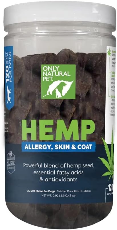 Only Natural Pet Allergy, Skin & Coat Hemp Soft Chews - Allergy Immune Bites for Dogs, Omega 3 Supplement, Hemp Oil - Calming Treats for Itchy Skin Relief, Hot Spot - (120 Count)
