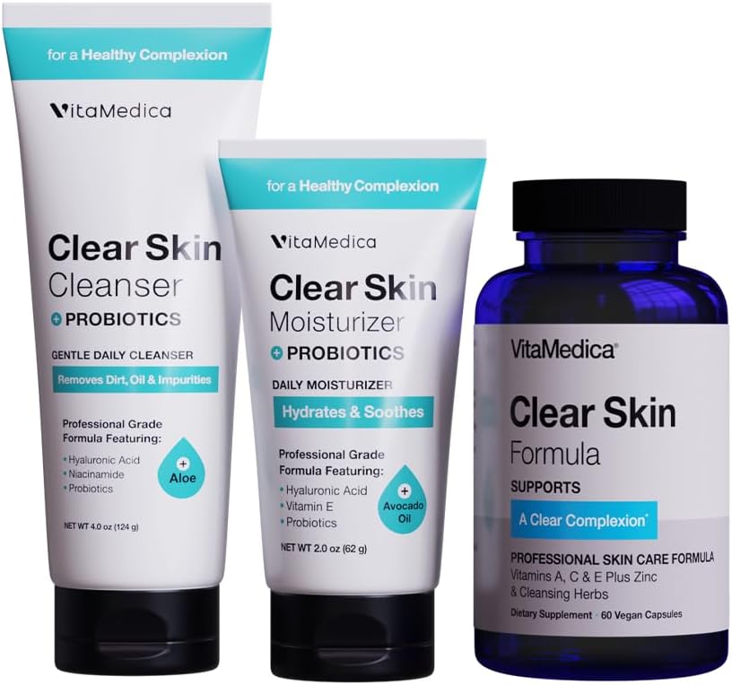 Vitamedica Clear Skin Nutraceutical & Probiotic Cleanser And Moisturizer Bundle | Natural Skincare For Breakout Prone Skin