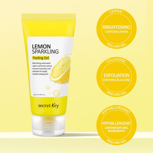 Secretkey Lemon Sparkling Peeling Gel, Deep Cleansing, Exfoliation, Skin Moisturization, Low Irritation For Sensitive Skin Fl. 4.05 Oz / 120 Ml, Vitamin C And Refreshing Carbonated Water Synergy