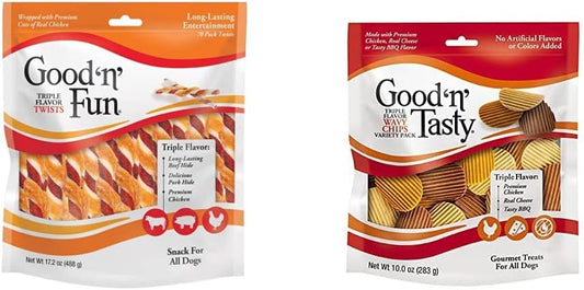 Good'n'FunTriple Flavor Twists Dog Treats 70ct & Good 'n' Tasty Wavy Chips 10 oz : Pet Supplies