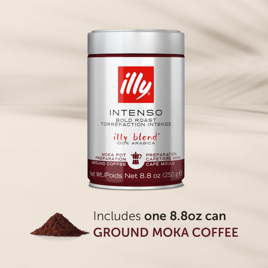 Illy Ground Coffee Moka - 100% Arabica Flavored Coffee Ground - Rich Aromatic Coffee Grounds Profile – Intenso Dark Roast – Warm Notes Of Cocoa & Dried Fruit - No Preservatives – 8.8 Ounce