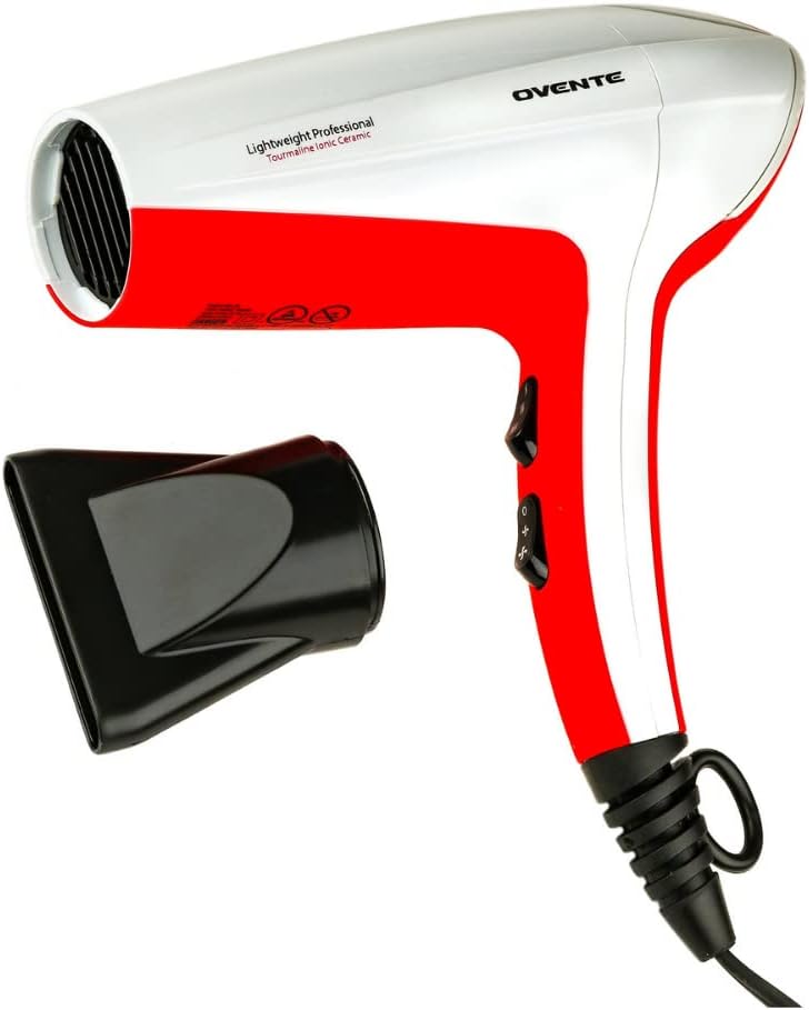 Ovente 1875 Watt Lightweight Hair Dryer, Ionic & Tourmaline Technology, Ideal for Body, Volume & Smoothing, Concentrator Nozzle Attachments for Home, Travel, or Professional Use, White & Red X2210W