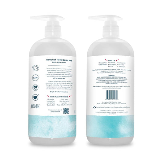 Kirk'S 3-In-1 Head To Toe Nourishing Cleanser & Travel Size Bar Soap - For Men, Women & Children, Made With Premium Coconut Oil And Aloe Vera, Non-Gmo & Vegan, Fragrance Free, 32 Fl Oz