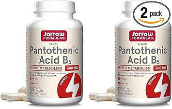 Jarrow Formulas Pantothenic Acid B5 500 Mg - 100 Veggie Caps - Essential B Vitamin - Energy Production & Metabolism Support - 100 Servings (Pack Of 2)