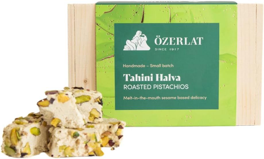 Ozerlat Real Tahin Helva - Pistachio – Halva Luxury Gourmet Artisan Dessert Sweets, Premium Quality Natural Ingredients, Vegan, Gluten Free (300G)