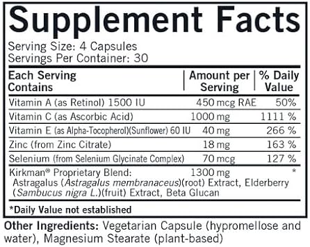 Kirkman - Immuno-Aid Advanced Formula - 120 Capsules - Immune Support - Potent Proprietary Blend - Hypoallergenic