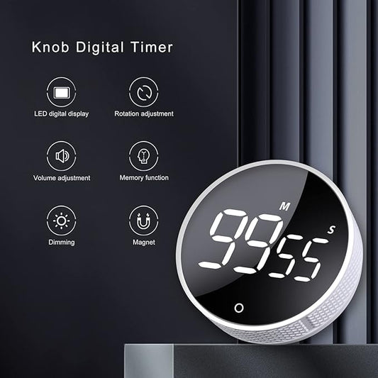 Digital Kitchen Timer, Digital Timer Battery Powered with Large LED Display, Adjustable Volume, Magnetic Timer for Cooking, Studying, Office, Silver