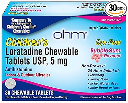 Ohm Children’S Loratadine Chewable, Dye Free, Bubblegum, Non-Drowsy 24H Relief Of Sneezing, Runny Nose, Watery Eyes, Itchy Throat Or Nose, Antihistamine, Indoor & Outdoor Allergies, 5Mg, 30 Tablets