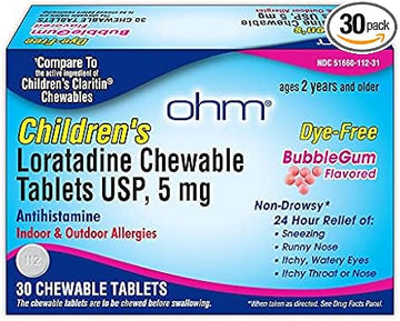 Ohm Children’S Loratadine Chewable, Dye Free, Bubblegum, Non-Drowsy 24H Relief Of Sneezing, Runny Nose, Watery Eyes, Itchy Throat Or Nose, Antihistamine, Indoor & Outdoor Allergies, 5Mg, 30 Tablets