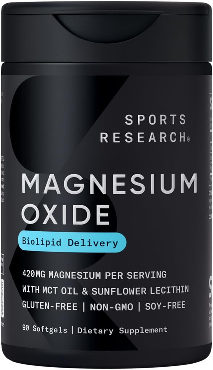 Sports Research® Magnesium Oxide With Coconut Oil - Heart And Bone Health - Gluten Free, Non-Gmo, Soy Free - 90 Softgels