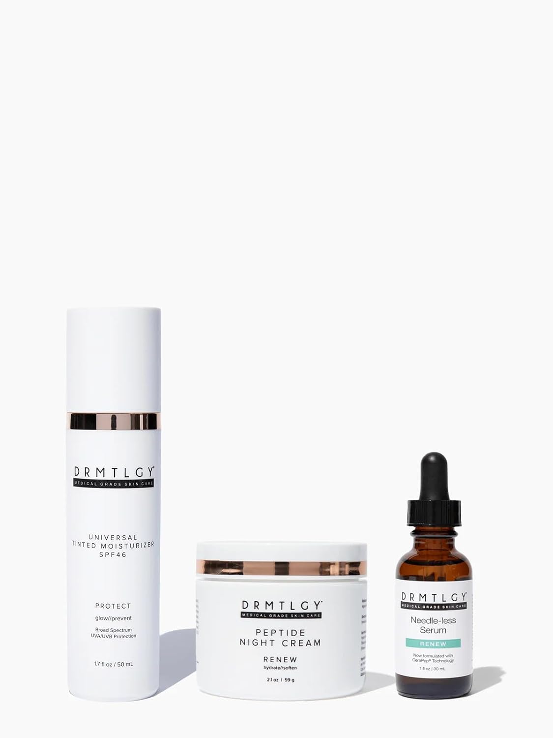 Drmtlgy Anti-Aging Trio: Needle-Less Serum, Tinted Moisturizer With Spf 46, & Peptide Night Cream