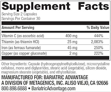 Bariatric Advantage Iron 45 mg with Vitamin C, Thiamin and Copper for Increased Absorption and Utilization, Easily Digestible for Gastric Bypass and Sleeve Gastrectomy Surgery Patients - 60 Count