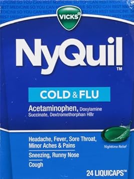 Vicks Nyquil Cold And Flu Relief Liquid Medicine, Powerful Multi-Symptom Nighttime Relief For Headache, Fever, Sore Throat, Minor Aches And Pains, Sneezing, Runny Nose, And Cough, 24 Liquicaps