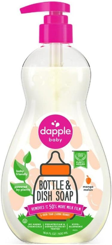 Baby Bottle Soap & Dish Soap By Dapple Baby, Mango Melon, 16.9 Fl Oz Bottle - Plant Based Dish Liquid For Dishes & Baby Bottles - Hypoallergenic Soap, Liquid Soap