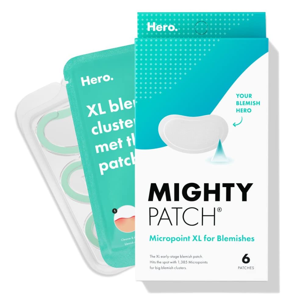 Hero Cosmetics Mighty Patch Micropoint™ Xl For Blemishes - Hydrocolloid Acne Spot Treatment Patch For Early Stage Zits And Hidden Pimples, 1,385 Proprietary Micropoints (6 Count)